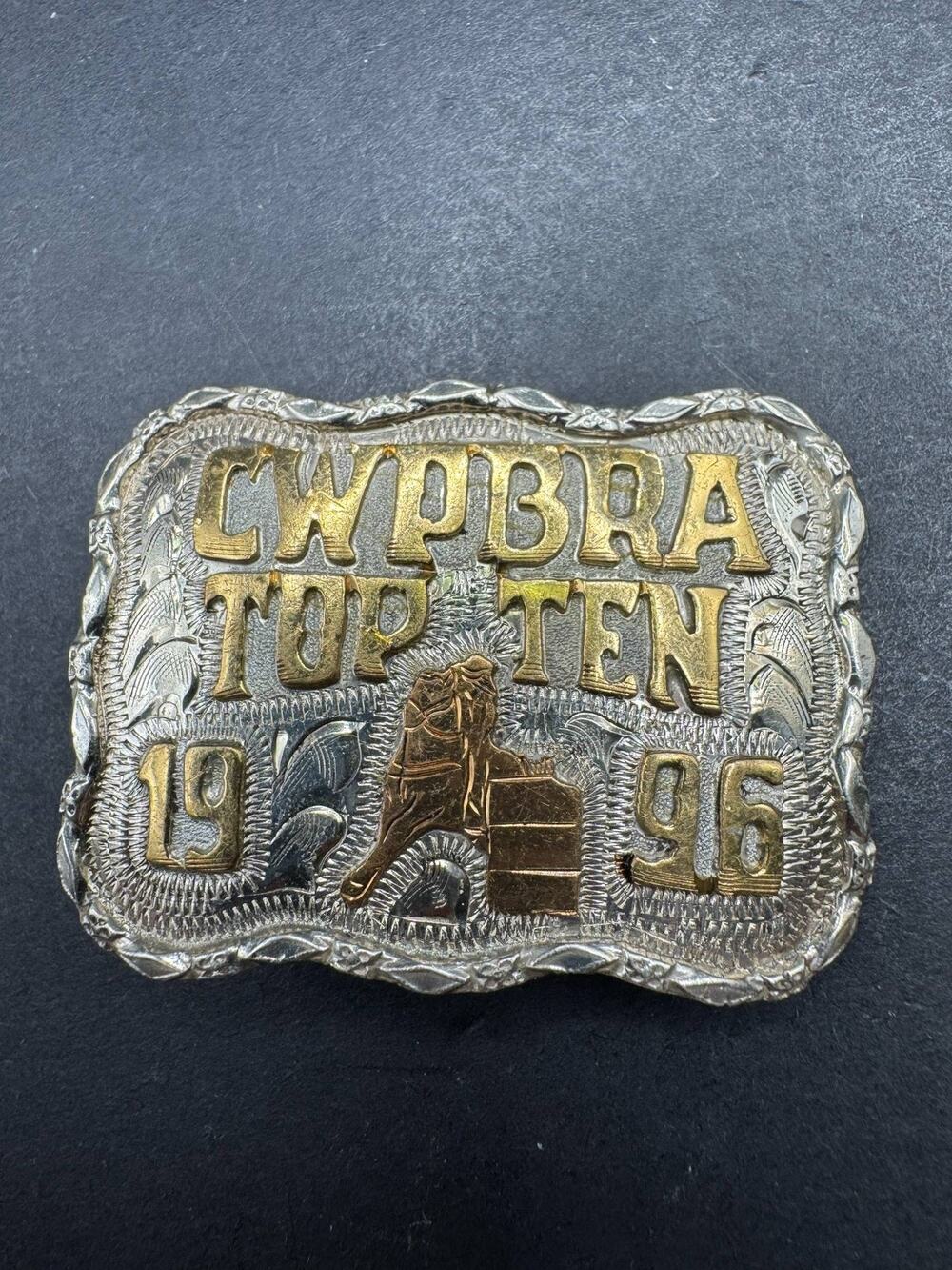 Vintage CWPBRA Top Ten 1996 Western Rodeo Belt Buckle Silver Gold Tone Award